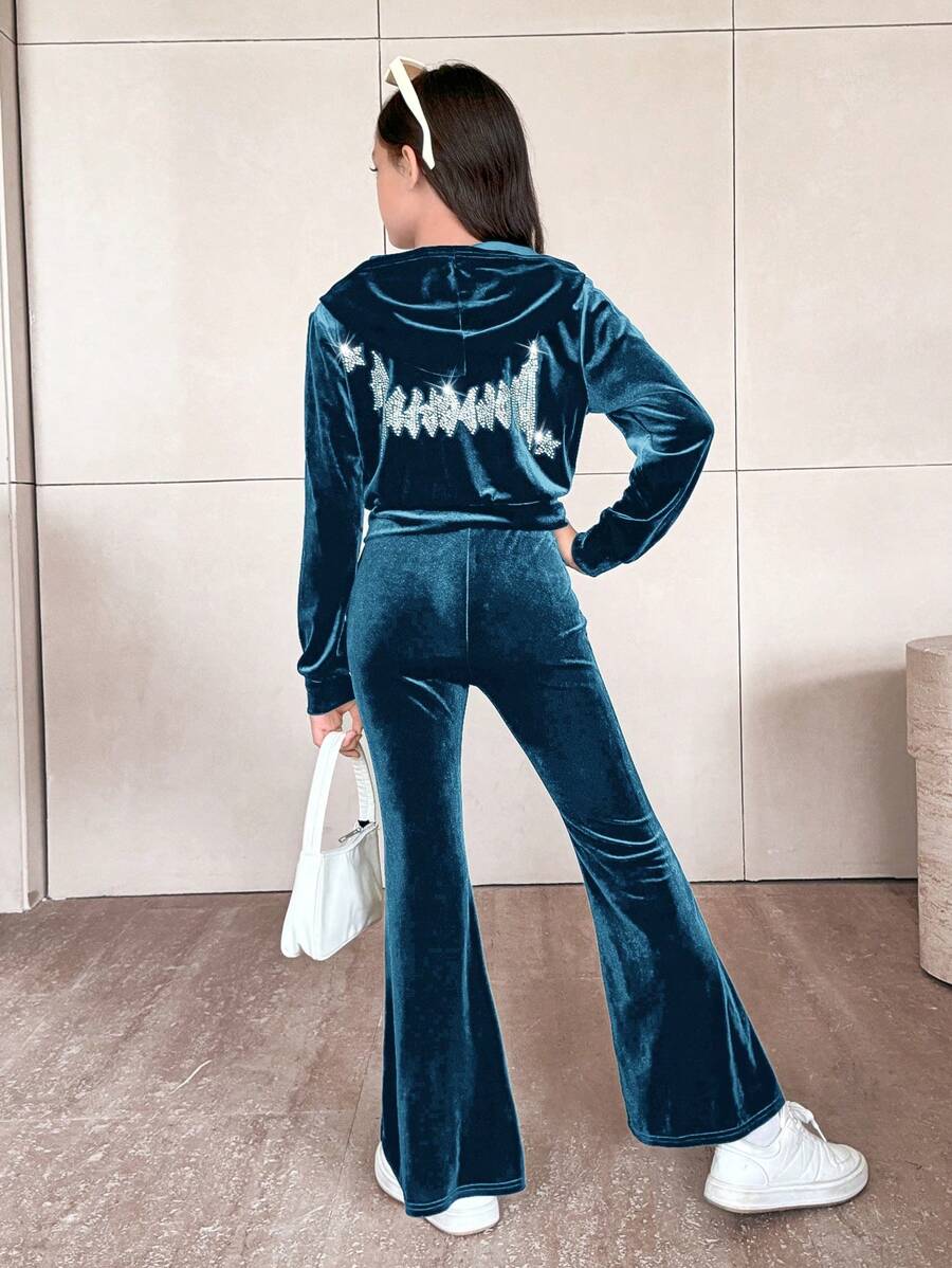 SHEIN Leap Crew 2pcs Tween Girl Gothic Pattern Rhinestone Velvet Short Cardigan With Hood & Flare Leg Pants Set, Casual - Teal Blue - View 1
