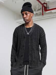 SUMWON Cable Knit Button Down Cardigan Classic Ribbed Sweater Cozy Winter Fall Layer Wool Blend Knitted Outerwear - Grey - View 2