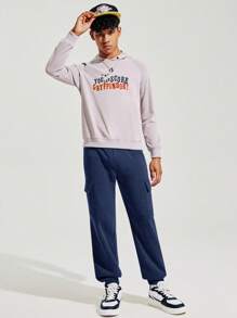 SHEIN Leap Crew 青少年男童休闲条纹运动裤，深灰色和浅灰色相间，黑色织带口袋，适合秋季、冬季穿着，保暖舒适，可用于上学、居家、日常、运动、生日派对、郊游等各种场合，百搭加厚款。 - 藏蓝色 - 查看 4