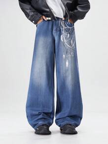 ROMWE MEN Street Life Men's Graphic Print Pocket Casual Baggy Jeans