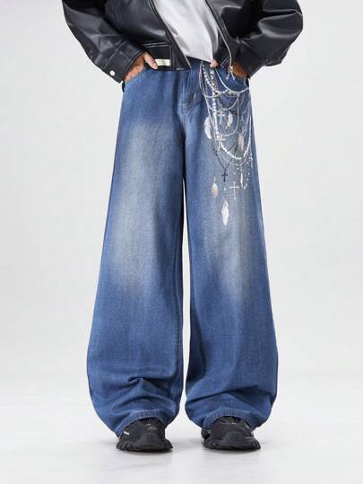 Street Life Jeans amples et décontractés avec imprimé graphique sur poche pour hommes