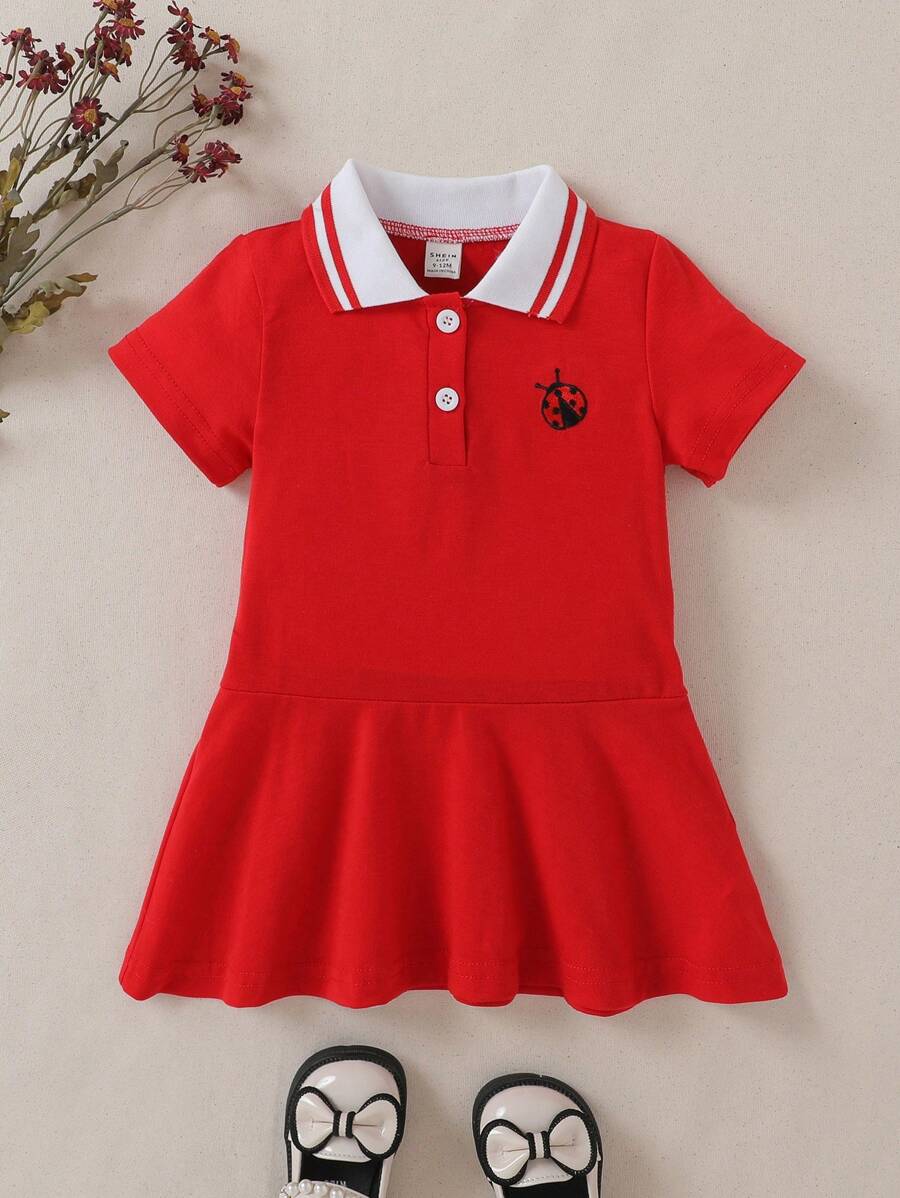 SHEIN Váy cổ yếm thêu hình ong cho bé gái mùa hè - Đỏ - Xem 1