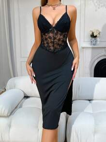 Slumberist Women Solid Color Lace Patchwork Open Back Slit Spaghetti Strap Sexy Nightdress - Black - View 4