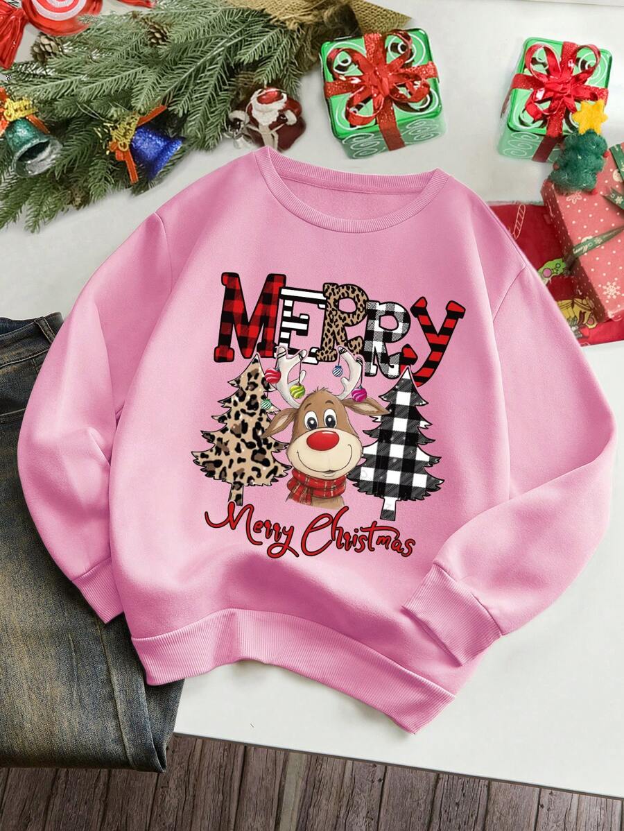 INAWLY Women's Round Neck Christmas Tree Plaid Print Casual Sweatshirt, For Autumn/Winter - Pink - View 1