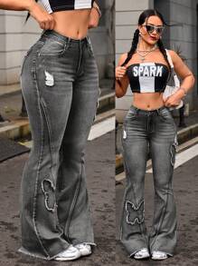 SHEIN EZwear 女式时尚百搭水洗蝴蝶印花做旧喇叭牛仔裤 - 灰色 - 查看 1