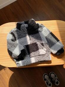 SHEIN 男婴秋冬休闲复古毛绒领拉链卫衣外套，可爱格子图案，适合日常穿着 - 黑色 - 查看 6