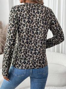 SHEIN LUNE 豹纹圆领长袖针织舒适休闲 T 恤女款，秋冬 - 彩色 - 查看 2