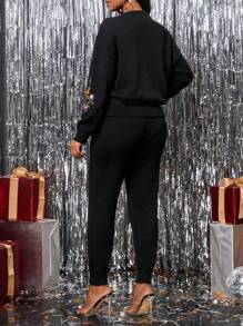 SHEIN Lady 秋冬黑色亮片针织两件套，宽松保暖两件套，华丽针织两件套 - 黑色 - 查看 7