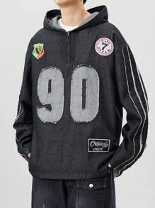 ROMWE MEN Prep Men's Jersey Casual Patchwork Denim Hooded Long Sleeve Sweatshirt, Street Chic Versatile