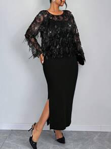 SHEIN Allurite Bộ 2 món áo thun tay dài cổ tròn màu trơn cỡ lớn có tua rua và váy liền thân xẻ tà không tay - màu đen - Xem 4