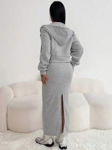 Chiquease 2 件套女士休闲连帽拉链夹克，收腰弹力针织工字背连衣裙，保暖内衬，适合秋冬季冬季两件套