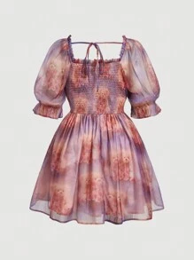 SHEIN MOD Plus Size Dreamy Princess Rose & Bear Print Puff Sleeve Bow Detail Dress, For Dates, Birthday