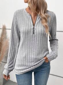 Chiquease Áo hoodie dài tay dệt kim gân màu trơn có khóa kéo, thường ngày cho mùa thu - Xám - Xem 5