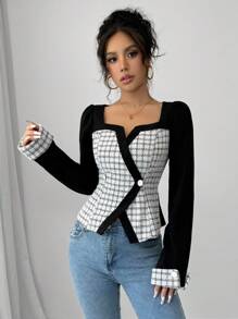 Selianne 女式撞色拼接通勤优雅法式可爱休闲聚会约会撞色黑白长袖弹力针织百搭粗花呢甜心领方领圆领纽扣修身腰部时尚原创设计衬衫女式衬衫，长袖上衣 - 黑色 - 查看 8