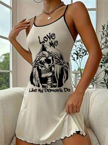 INAWLY Women's Skull Printed Letter Printed Tank Dress - Beige - View 3