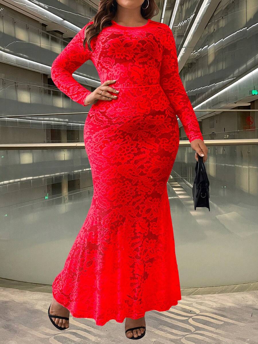 Viva Relle 大码女式黑色性感网眼长袖美人鱼连衣裙，紧身圆领高弹力 - 紅色 - 查看 1