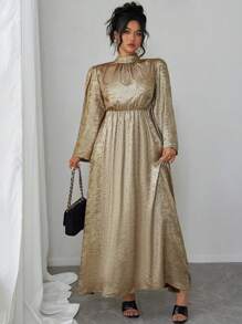 Celure Plus Size Elegant Metallic Flared Sleeve Dress, Autumn For New Year Holiday Party Clothes Maxi Women Outfit