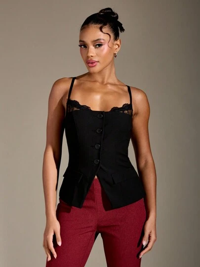 MISSGUIDED Lace Trim Button Front Corset Style Waistcoat Top Spaghetti Strap Bustier Fitted Tank Professional Evening Peplum Design