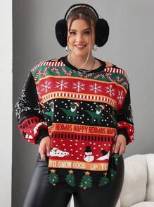 SHEIN CURVE+ Maglione natalizio con maniche lunghe in pile, taglie comode e morbide, per donna, adatto per autunno/inverno