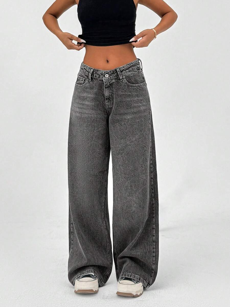 SHEIN Cottnline LOW RISE WIDELEG FIT DARK GREY Y2K STYLE JEAN - Dark Grey - View 1