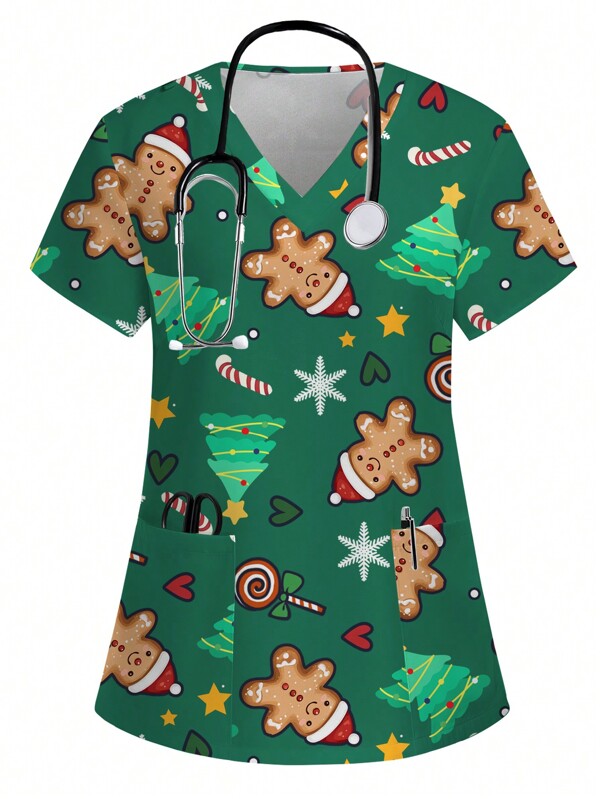 PopScrub Christmas Cartoon Gingerbread, Christmas Tree, Candy Pattern Nurse Scrub Uniform Top