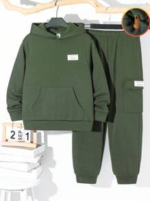 SHEIN 2pcs Kids/Tween Boy Casual Letter Graphic Hoodie Sweatshirt And Loose Drawstring Pants Knit Set, Suitable For Commuting, School, Casual, Vacation, Sports, Fit For Spring, Summer, Autumn, Winter Seasons