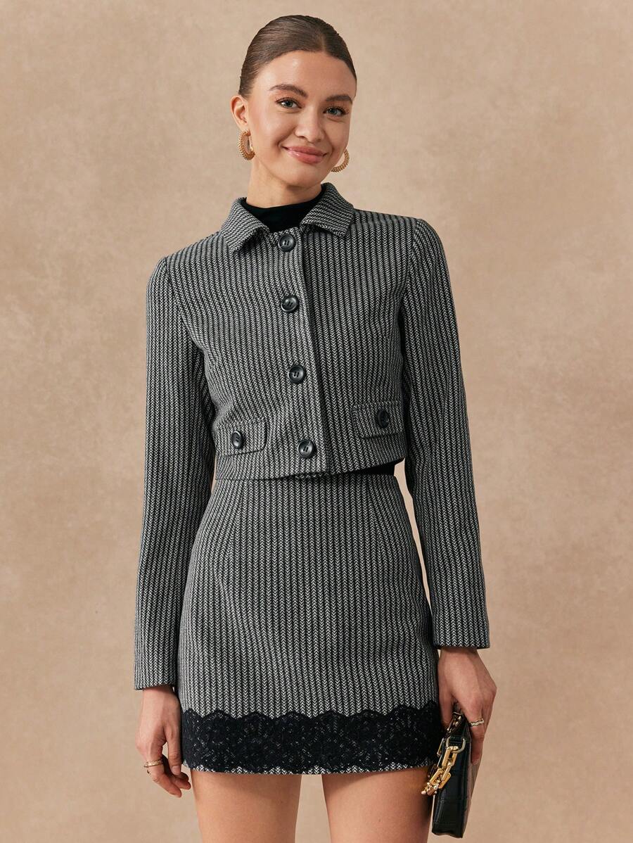 Chiquease 女士几何印花前扣长袖夹克，优雅的设计和高品质的感觉 - 灰色 - 查看 1