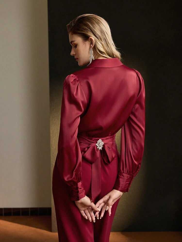 MOTF Soiréza SOLID SHAWL COLLAR LANTERN SLEEVE BLOUSE
