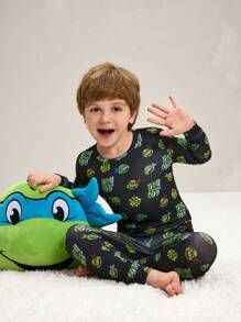 TEENAGE MUTANT NINJA TURTLES | SHEIN 年轻男孩卡通字母印花黑色休闲长袖上衣和裤子贴身家居服睡衣套装，适合圣诞节 - 黑色 - 查看 3