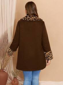EMERY ROSE Plus Size Fall Clothes Curve Thanksgiving Women Leopard Print Patchwork Woolen Overcoat, Autumn Winter - Coffee Brown - View 2