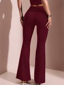 SHEIN BAE Elegant Solid Color Square Rhinestone Decor Flared Pants - Burgundy - View 2