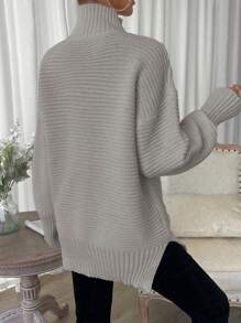 Chiquease Casual Solid Color Turtleneck Sweater With Side Slit, Autumn/Winter Knit Pullover Fall Outfit - Grey - View 2