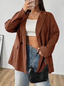 Flirla Plus Size Casual Pinstripe Double Breasted Loose Blazer - Multicolor - View 7