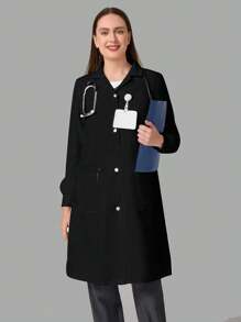 SHEIN TaskFit Áo khoác phòng thí nghiệm dài tay có túi, nút phía trước, màu trơn - màu đen - Xem 1