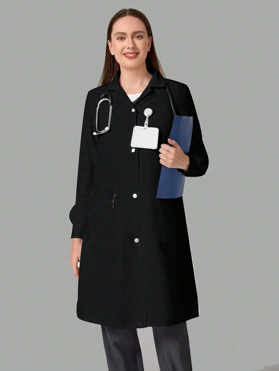 SHEIN TaskFit Áo khoác phòng thí nghiệm dài tay có túi, nút phía trước, màu trơn - màu đen - Xem 1