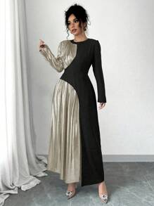 Selianne 1pc Women's Fashionable Elegant Contrast Color Patchwork Metallic Fabric Long Sleeve Dress Maxi Women Outfit - Multicolor - View 5