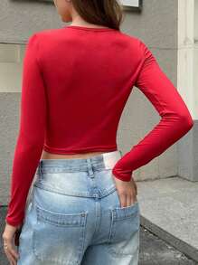 INAWLY Women's Red Round Neck Long Sleeve T-Shirt Fall Cloth For Women - Red - View 2