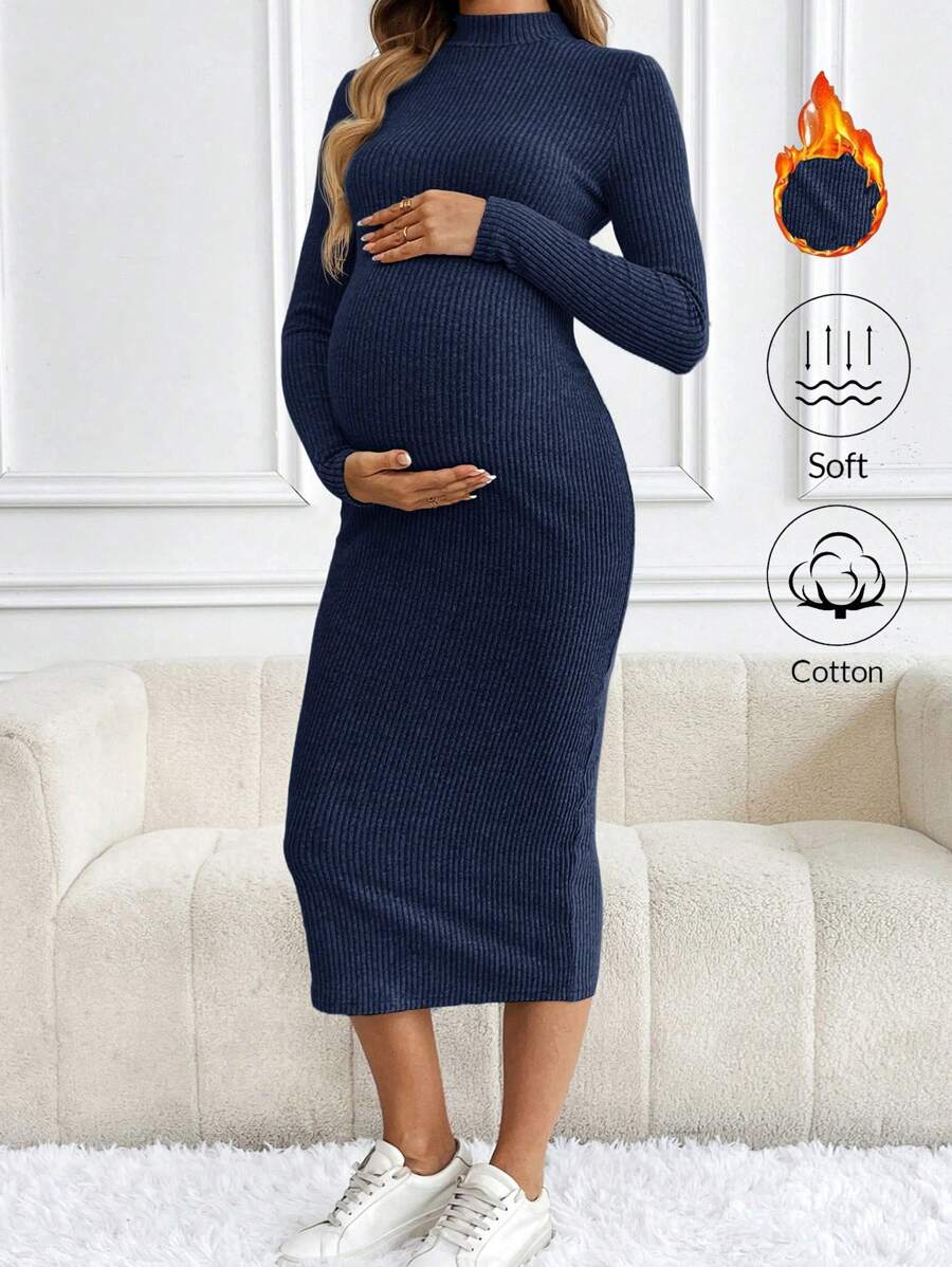 SHEIN Maternity Casual Solid Color Elegant Fitted Long Sleeve Dress For Autumn, Autumn, Fall - Navy Blue - View 1