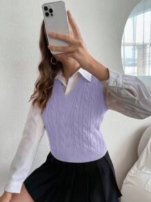 SHEIN Unity Women's Casual Everyday Cable Knit V-Neck Sweater Vest, Autumn - Mauve Purple - View 3