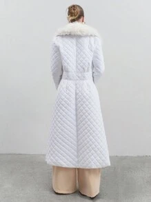 CLARA VERO Long Padded Coat With Patchwork And Collar, Fur Details, Quilting Fabric - White - View 2