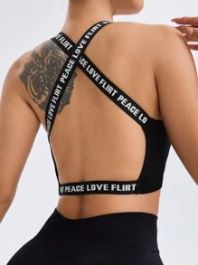 Easithlete Sujetador deportivo sin espalda, sin costuras, con cinta con letras negra - Negro - Ver 6