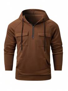 Manfinity Homme 1pc Men's Solid Color Half-Zip Pocket Hooded Long Sleeve Sweatshirt - Coffee Brown - View 3