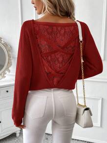 SHEIN Clasi Áo len chui đầu cổ tròn thanh lịch và giản dị dành cho nữ vào mùa đông với thiết kế ren khoét lưng và dây đeo chéo, thích hợp cho các dịp lễ, đi chơi, đi làm, mua sắm, tiệc tùng và mặc ở nhà. - Đỏ - Xem 7