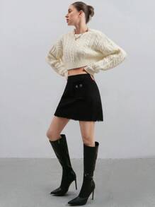 EURMUSE Women Elegant Solid Color Raw Trim Skirt - Black - View 8