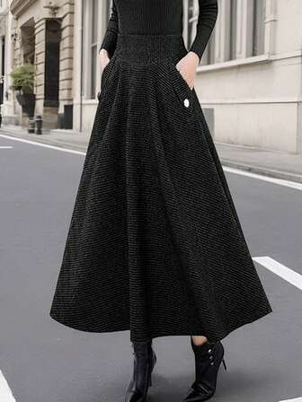 休闲纹理针织左右口袋 A 字长裙