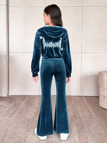 SHEIN Leap Crew 2pcs Tween Girl Gothic Pattern Rhinestone Velvet Short Cardigan With Hood & Flare Leg Pants Set, Casual - Teal Blue - View 5