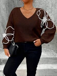 SHEIN Unity Plus Size Women Apricot V-Neck Floral Embroidery Regular Casual Pullover Sweater, Autumn/Winter Knit Pullover Fall Outfit