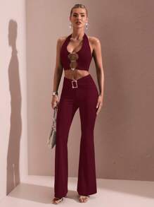 SHEIN BAE Elegant Solid Color Square Rhinestone Decor Flared Pants - Burgundy - View 5