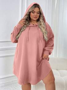 SHEIN CURVE+ 大码女式休闲运动宽松连帽运动衫连衣裙，弧形下摆，秋冬 - 粉色 - 查看 7