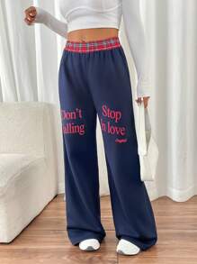 INAWLY Women Patchwork Plaid Slogan Print Elastic Waist Loose Wide Leg Casual Pants
